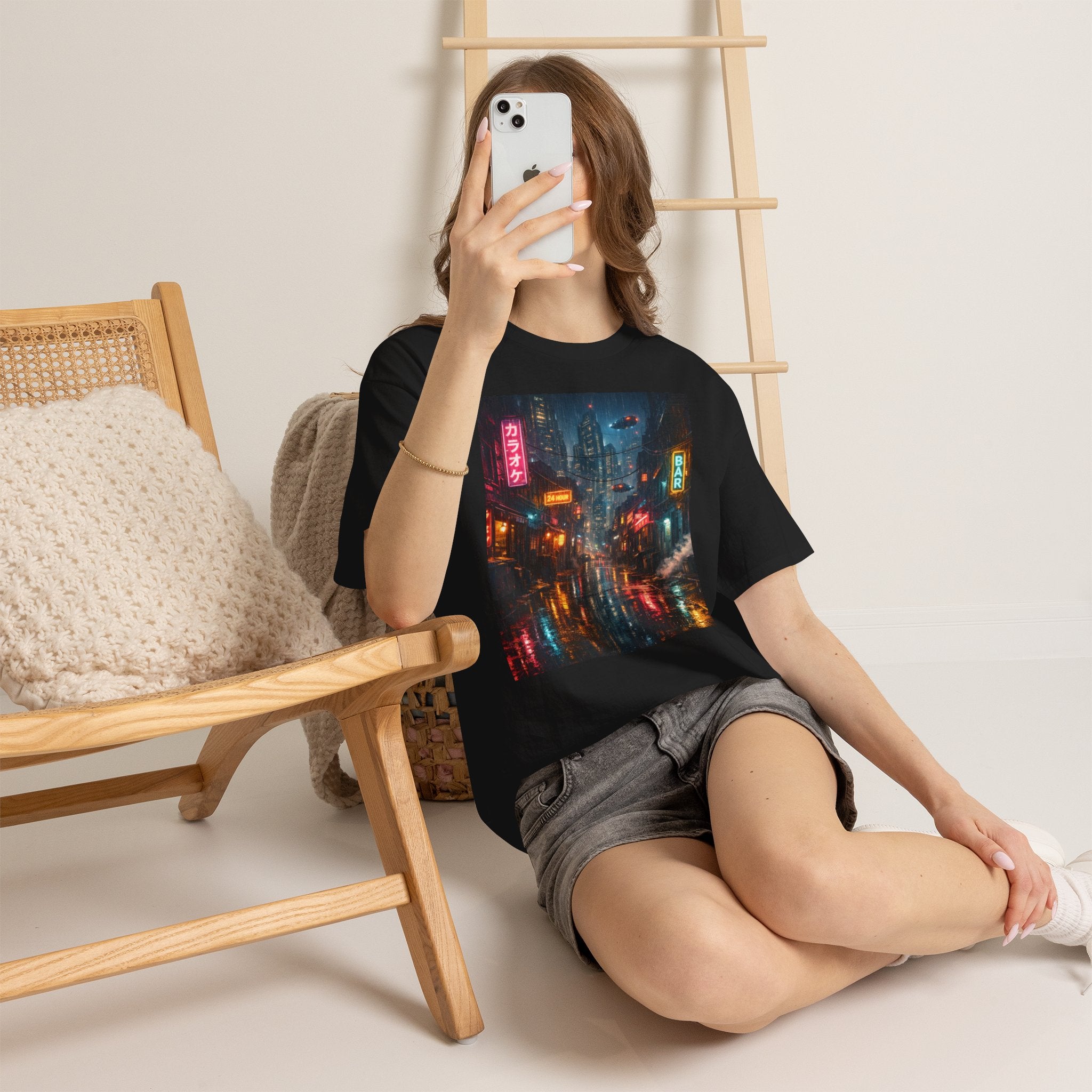 Neon Rainy Cityscape T-Shirt | Cyberpunk Night Street Scene
