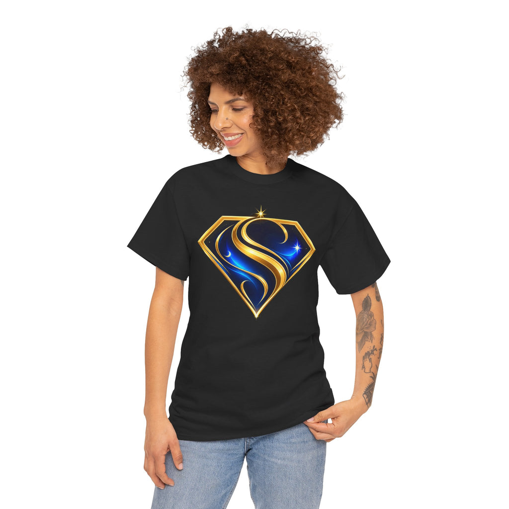 Gold and Blue Letter S Shield Tee(SupGirl) | Superhero Monogram Shirt
