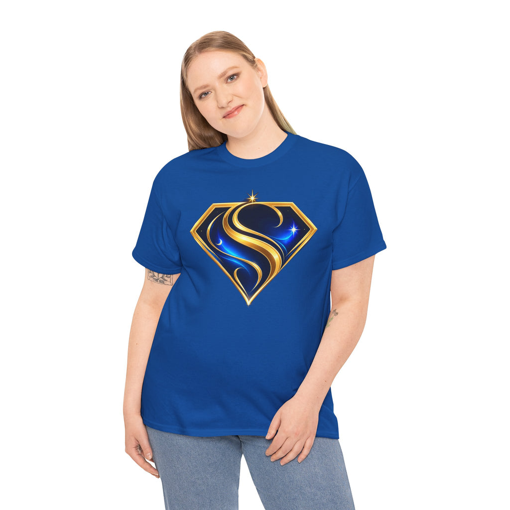 Gold and Blue Letter S Shield Tee(SupGirl) | Superhero Monogram Shirt