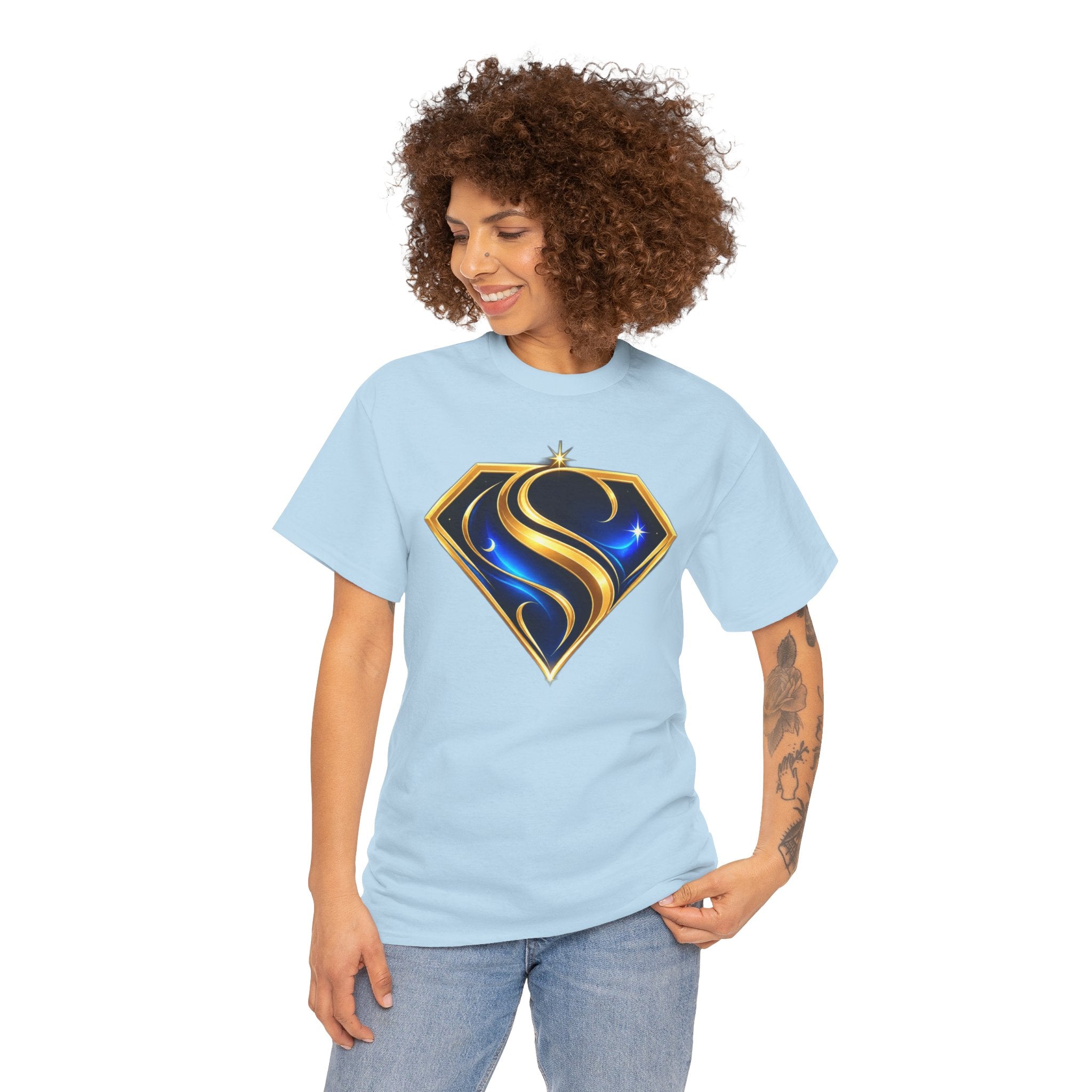 Gold and Blue Letter S Shield Tee(SupGirl) | Superhero Monogram Shirt