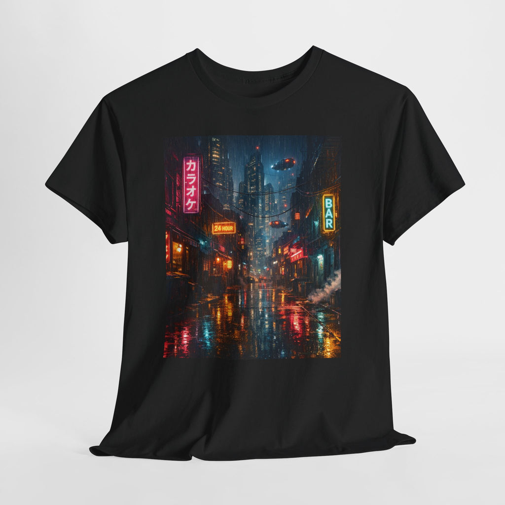 Neon Rainy Cityscape T-Shirt | Cyberpunk Night Street Scene