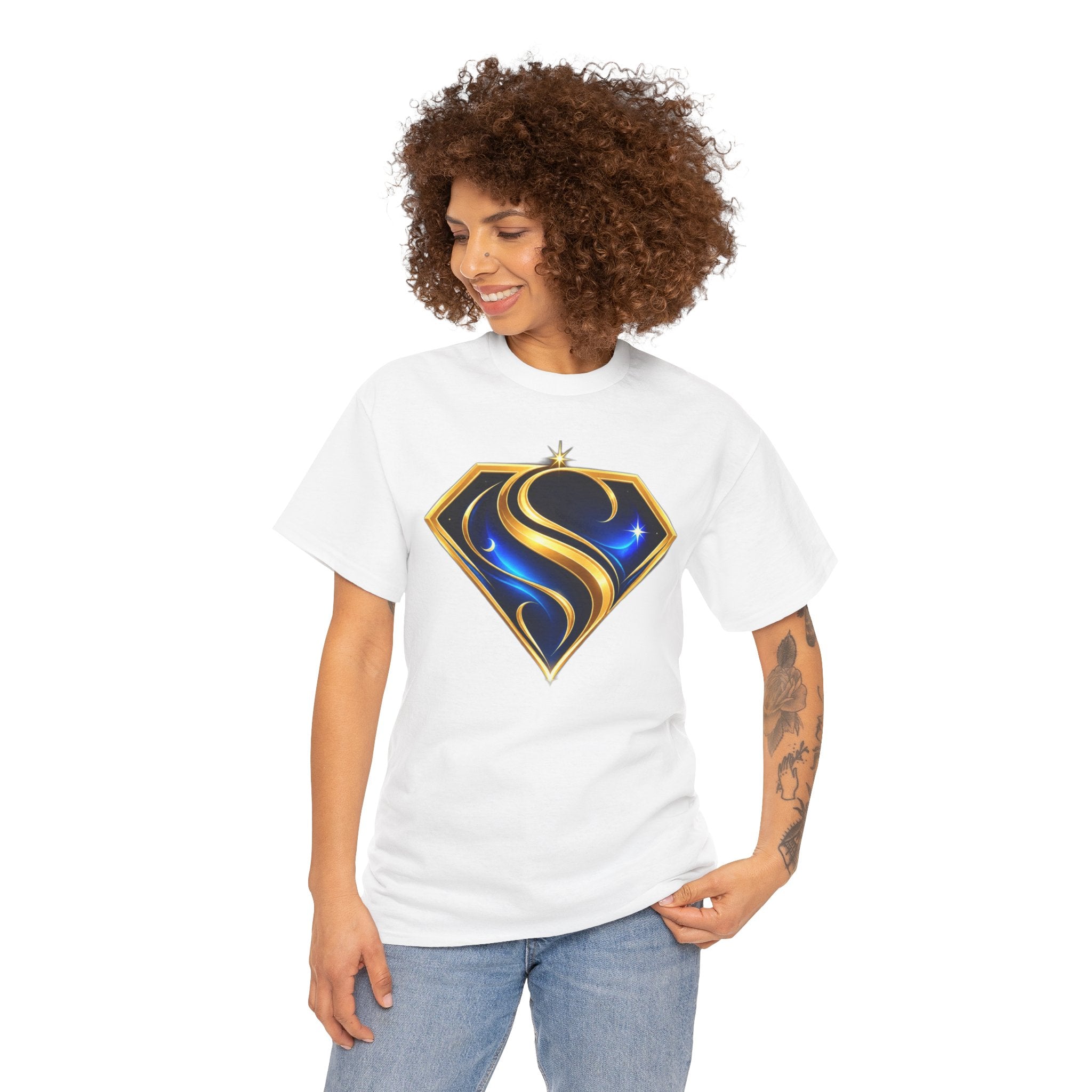 Gold and Blue Letter S Shield Tee(SupGirl) | Superhero Monogram Shirt