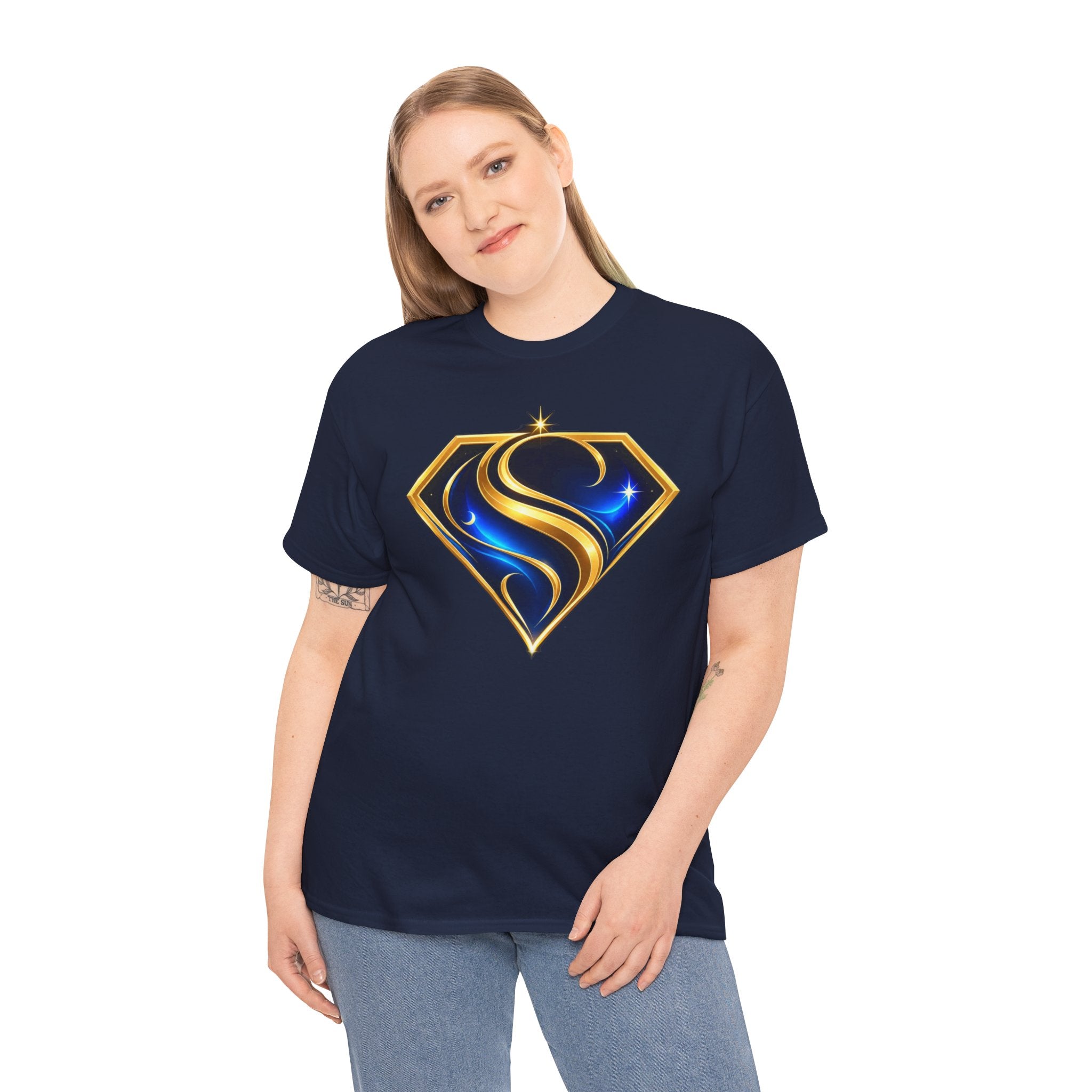 Gold and Blue Letter S Shield Tee(SupGirl) | Superhero Monogram Shirt