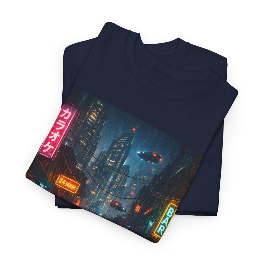 Neon Rainy Cityscape T-Shirt | Cyberpunk Night Street Scene