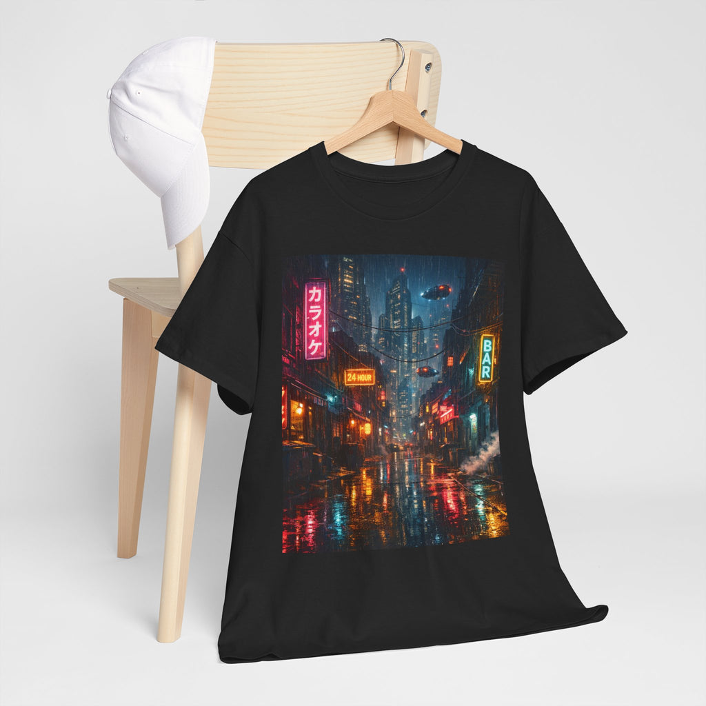 Neon Rainy Cityscape T-Shirt | Cyberpunk Night Street Scene