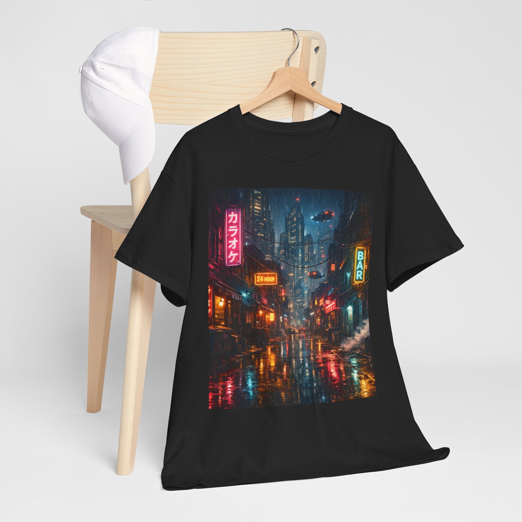 Neon Rainy Cityscape T-Shirt | Cyberpunk Night Street Scene