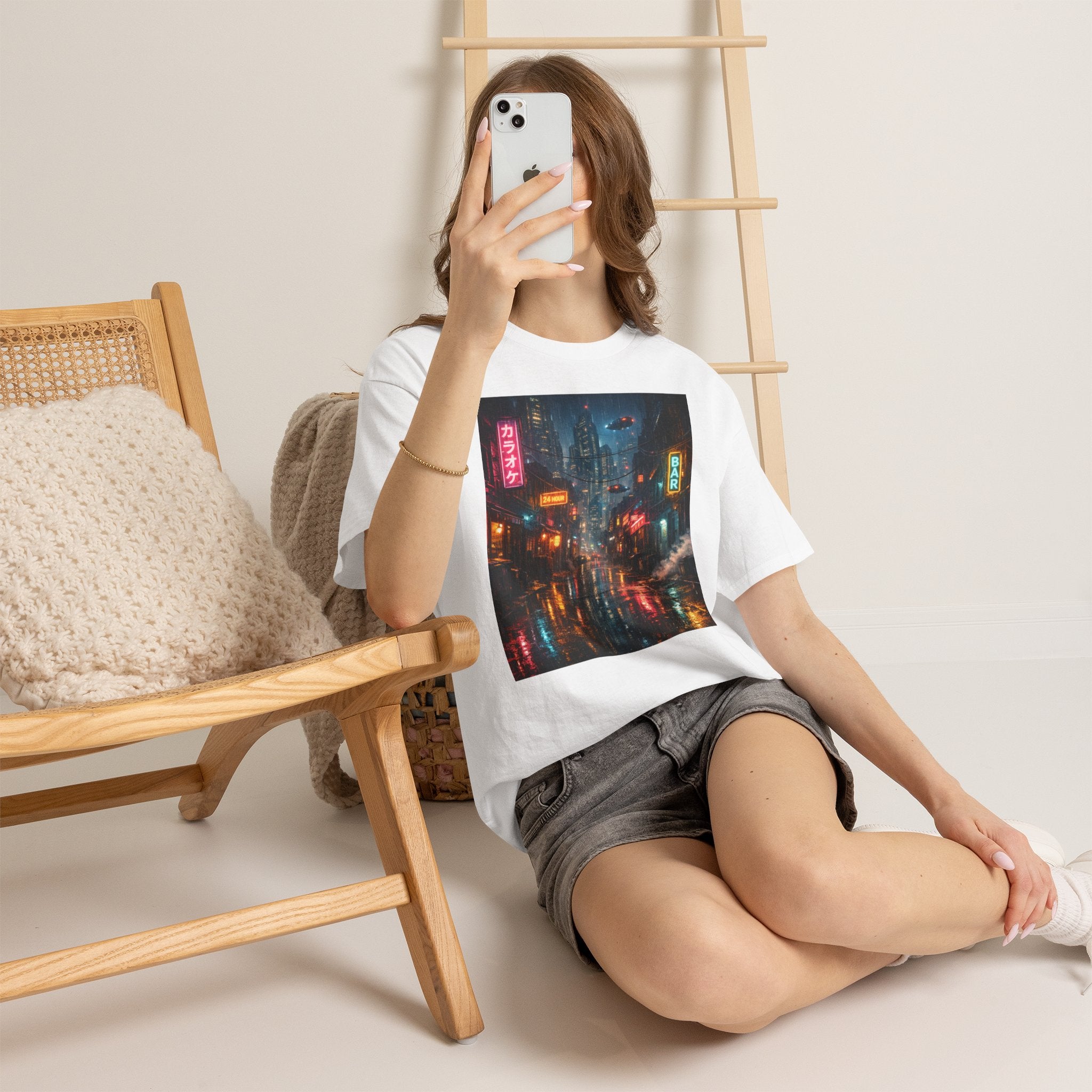 Neon Rainy Cityscape T-Shirt | Cyberpunk Night Street Scene