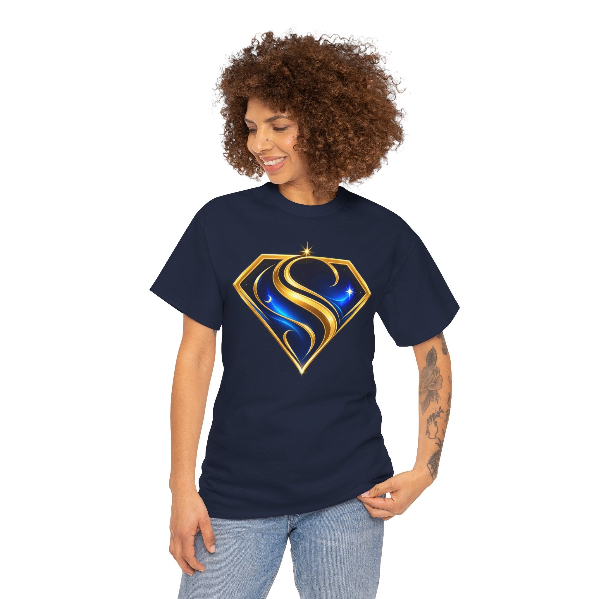 Gold and Blue Letter S Shield Tee(SupGirl) | Superhero Monogram Shirt