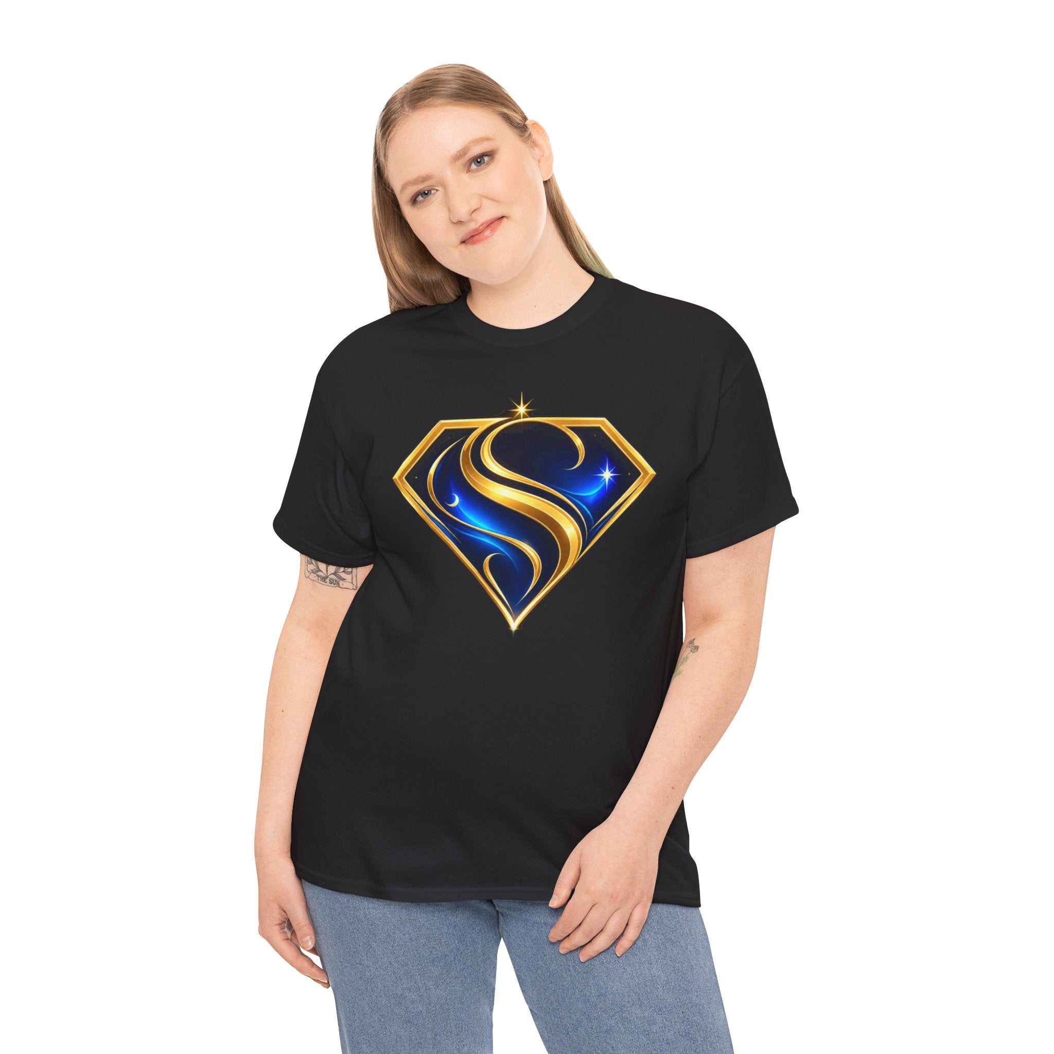 Gold and Blue Letter S Shield Tee(SupGirl) | Superhero Monogram Shirt