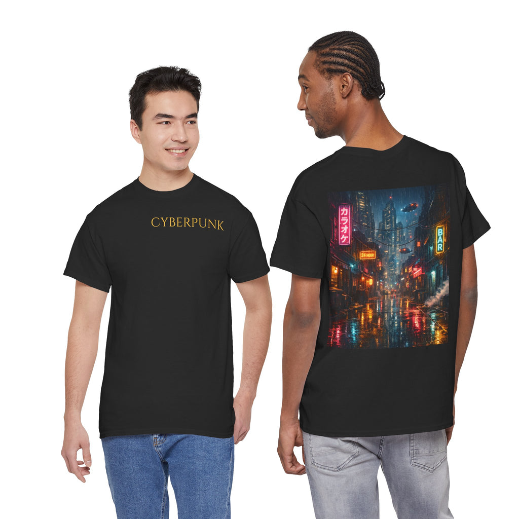 Neon Rainy Cityscape T-Shirt | Cyberpunk Night Street Scene