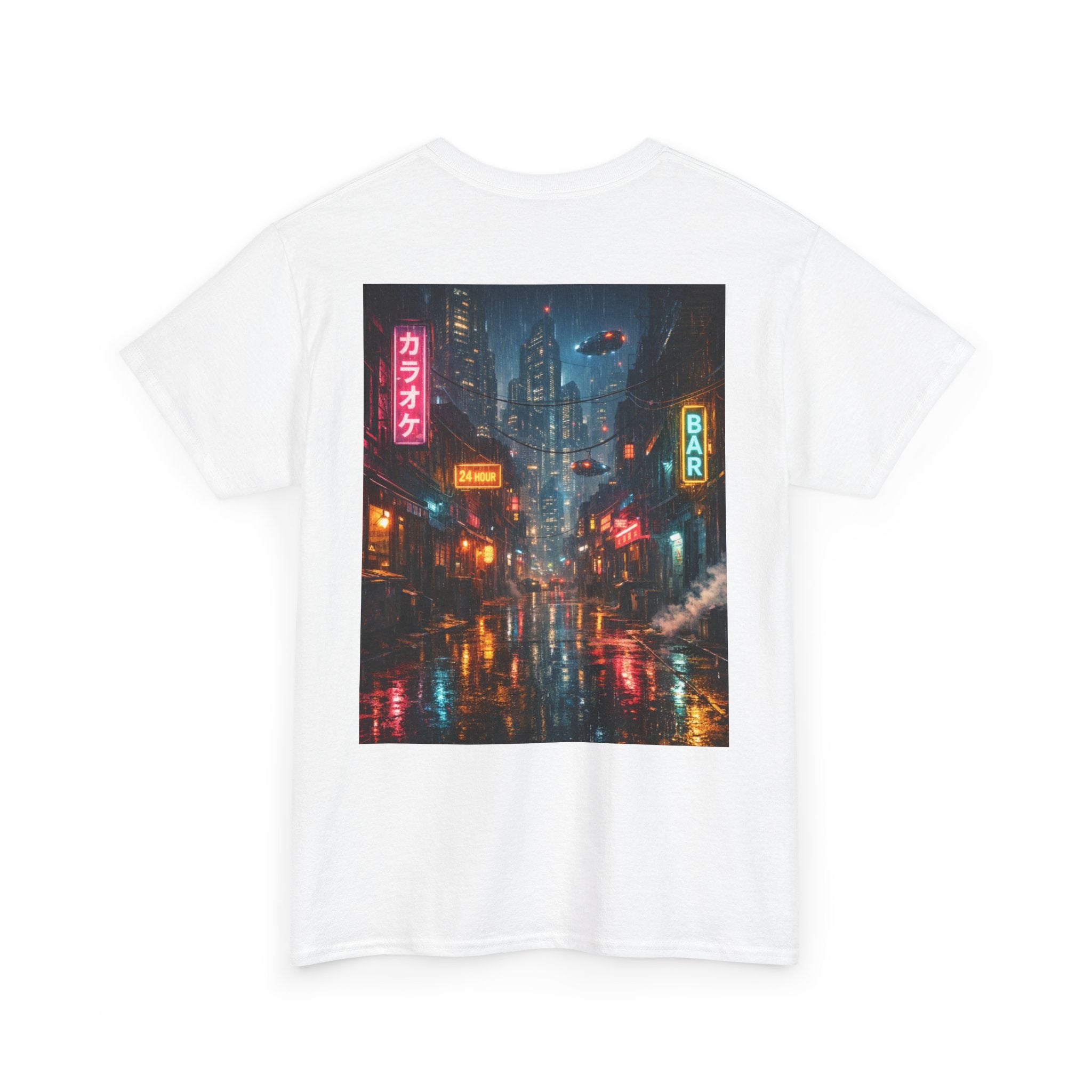 Neon Rainy Cityscape T-Shirt | Cyberpunk Night Street Scene