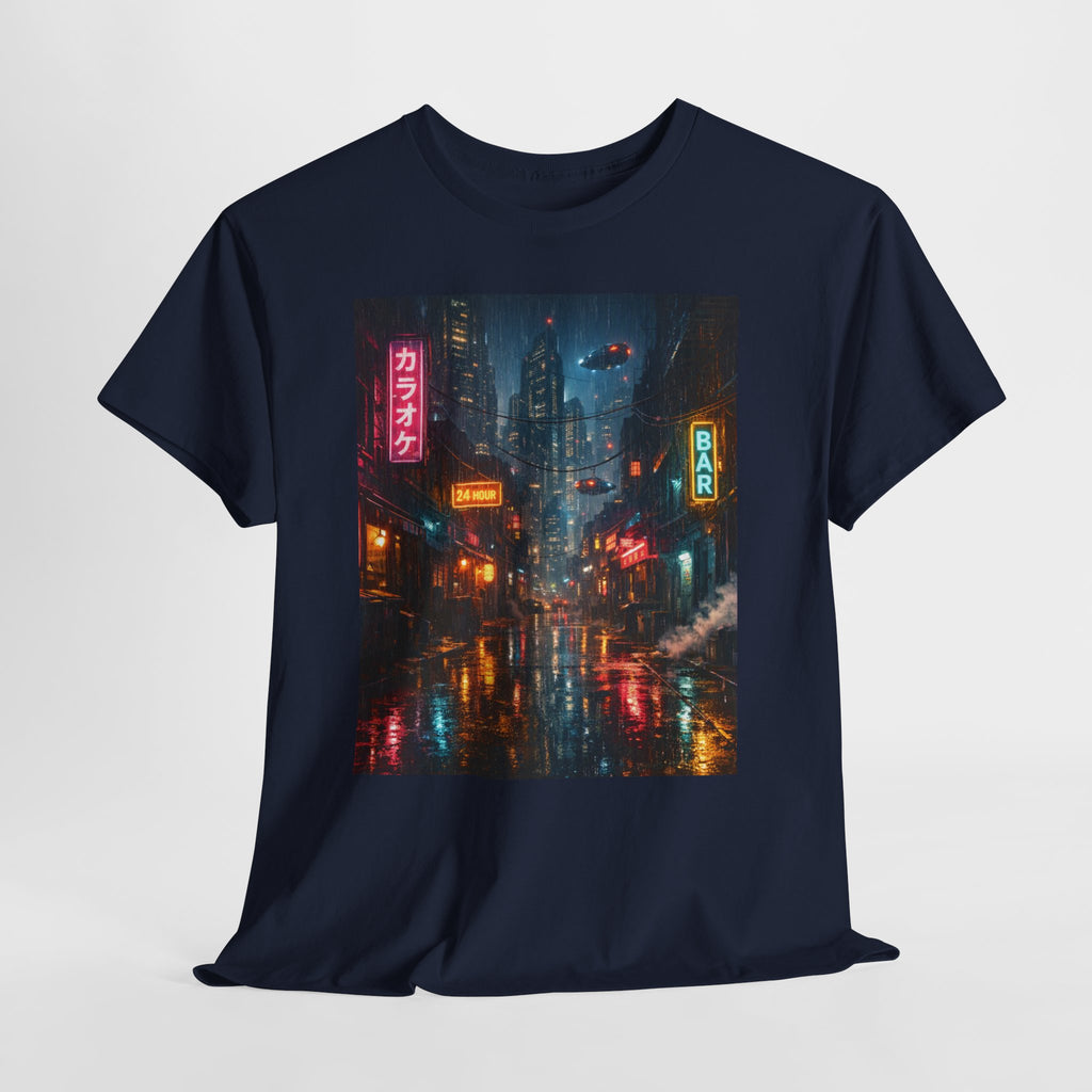 Neon Rainy Cityscape T-Shirt | Cyberpunk Night Street Scene