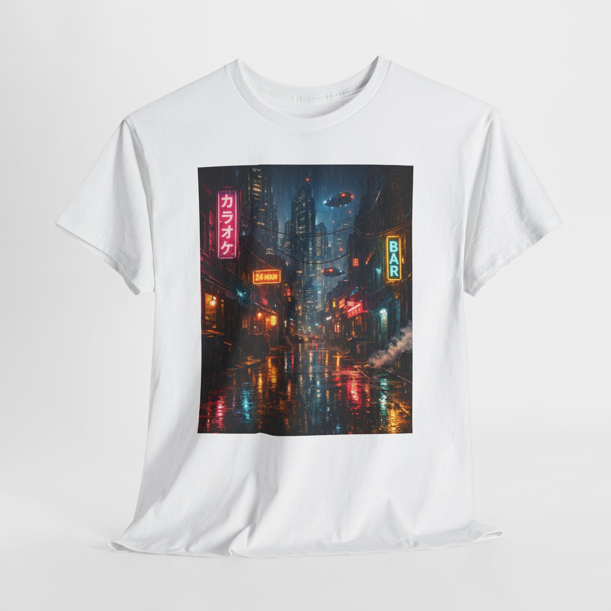 Neon Rainy Cityscape T-Shirt | Cyberpunk Night Street Scene