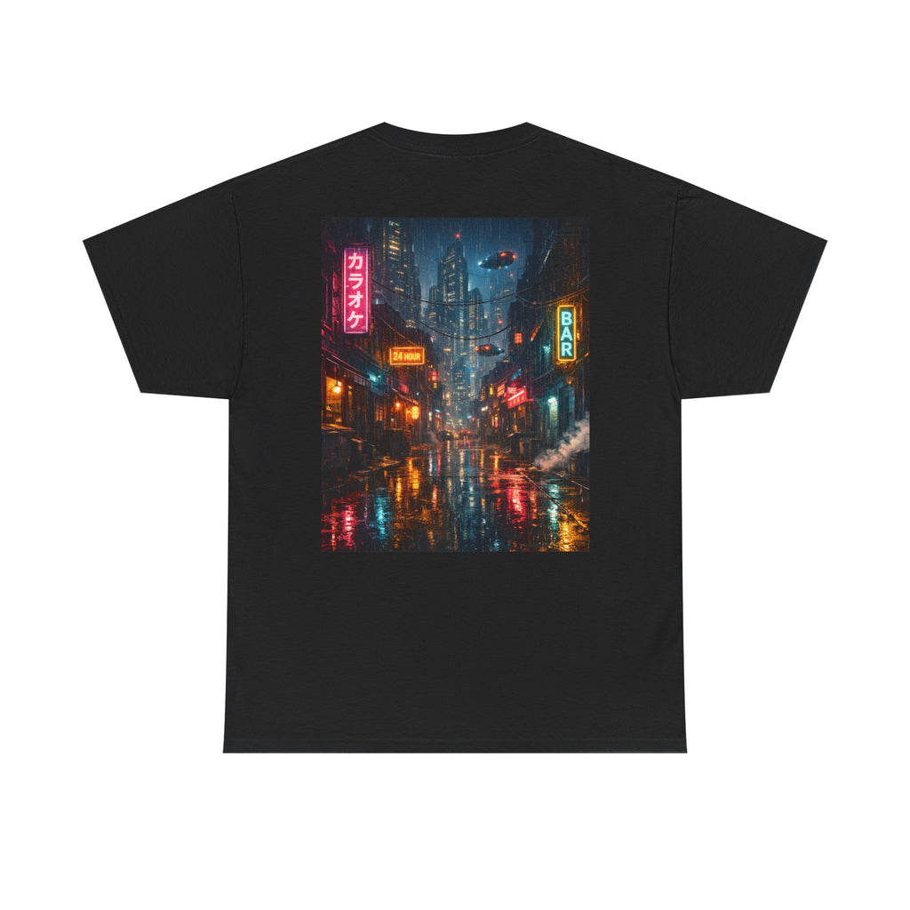 Neon Rainy Cityscape T-Shirt | Cyberpunk Night Street Scene