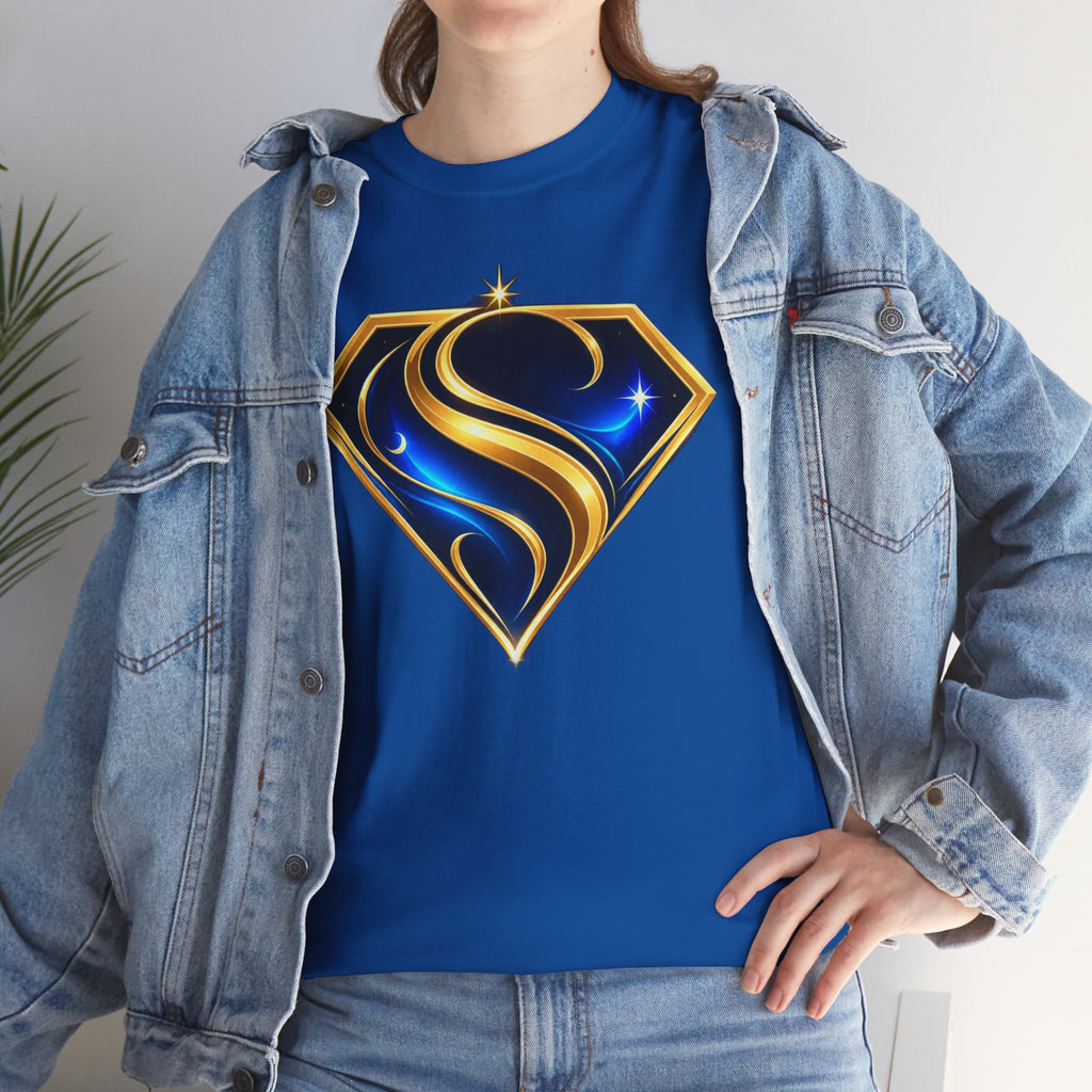 Gold and Blue Letter S Shield Tee(SupGirl) | Superhero Monogram Shirt